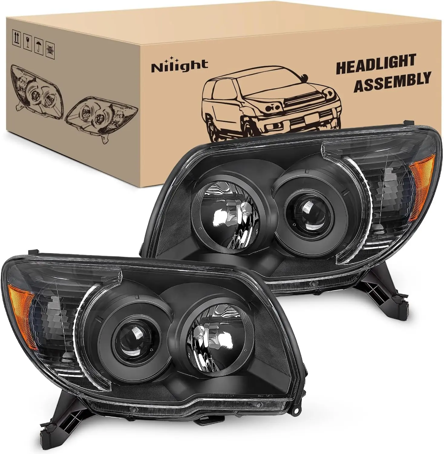 Nilight LED Headlight Kit, Black Housing Amber Reflector Headlights Assembly for Toyota 4Runner 2006-2009