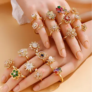 Rotating Ring, Gold-Plated, Non-Fading, Elegant, Adjustable, Daisy, Star, Moon, Zircon,
