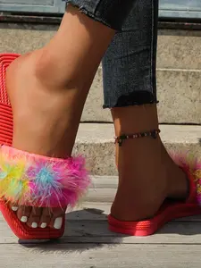 Women's Fashionable Outdoor Faux Turkey Feather Slippers, Stylish Lightweight Summer Sandals, Comfortable Casual Footwear