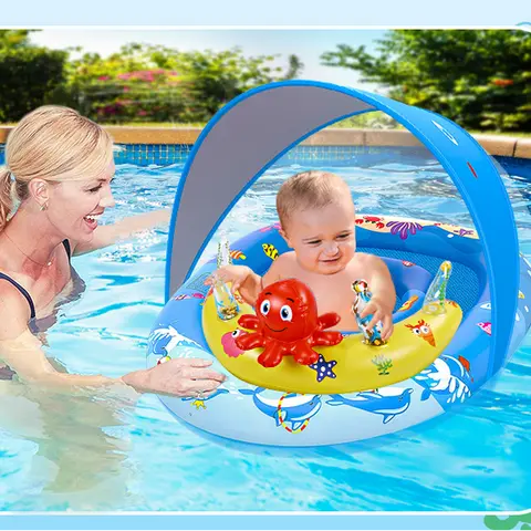 Moosia Baby Pool Float UPF50+ Sun Protection with Cute Animal Toys, Adjustable Safety Seat, Inflatable Infants Pool Float for Babies 6-36 Months, Fun Water Toys, Summer Gifts