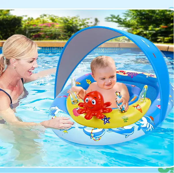 Moosia Baby Pool Float UPF50+ Sun Protection with Cute Animal Toys, Adjustable Safety Seat, Inflatable Infants Pool Float for Babies 6-36 Months, Fun