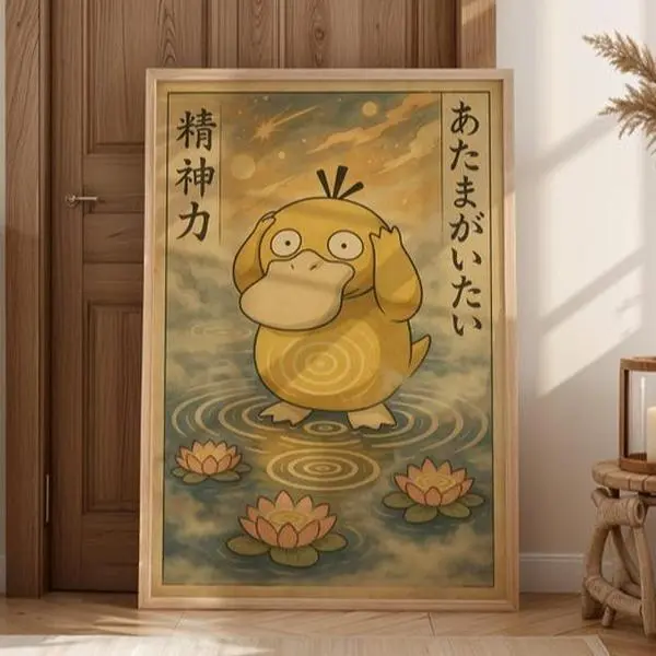 Psyduck Japanese Poster, Vintage Kawaii Anime Wall Art, Retro Health Decor, Unframed Wall Art, Home Decor