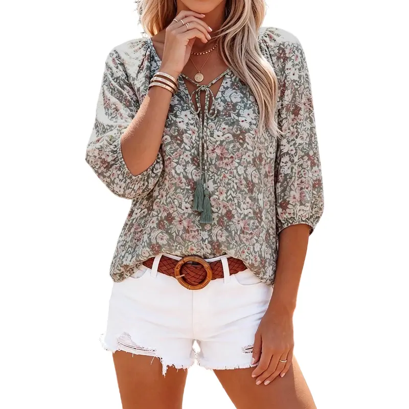Flamingals Floral Print Tassel Tie Front Half Sleeve Blouse