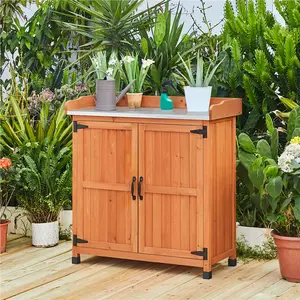 Yaheetech Garden Potting Bench Table Outdoor Wooden Storage Cabinet Solid Wood Planting Work Bench with Large Space Storage and Metal Tabletop