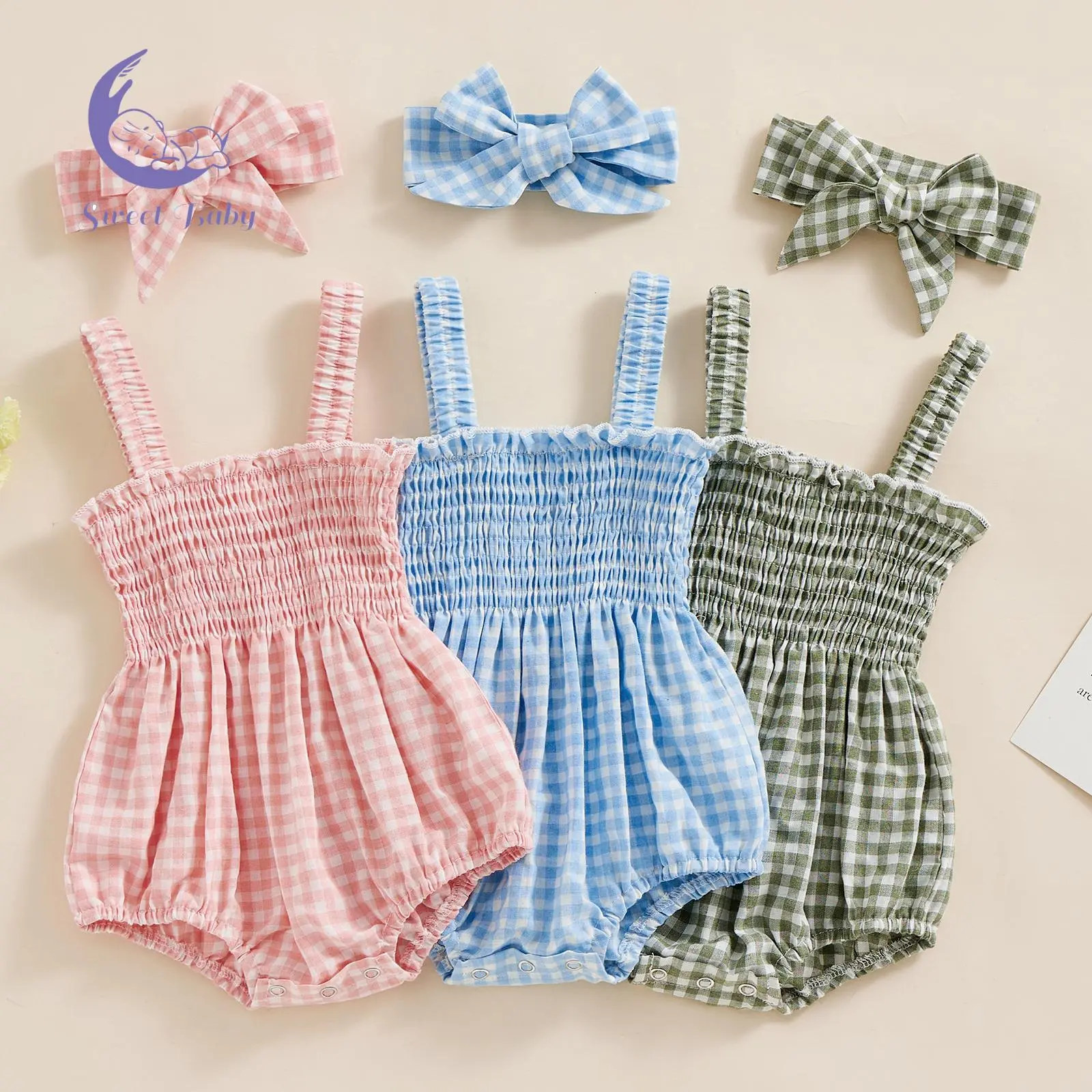 Baby Girls' 2-Piece Cute Summer Cotton Outfits - Sleeveless Frill Smocked Strap Romper with Headband Set, Clearance Clothes for Spring