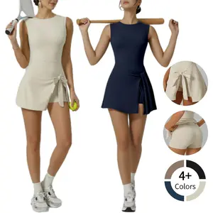 Women's Knot Wrap Athletic Romper Dress Sleeveless Solid Sports Tank with Built-in Shorts Tummy Control for Tennis Gym Sessions & Casual Active Wear