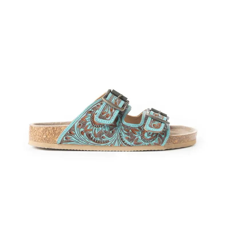 Falling Feather Leather Sandals in Blue and Brown with Cork Sole & Unique Paisley Design Buckle Footwear