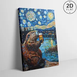 Beaver Drinking at Night Under Starry SkyPattern Canvas Painting with Frame, ModernArtistic Artwork for Home Living RoomBedroom Office Decor, Ornaments