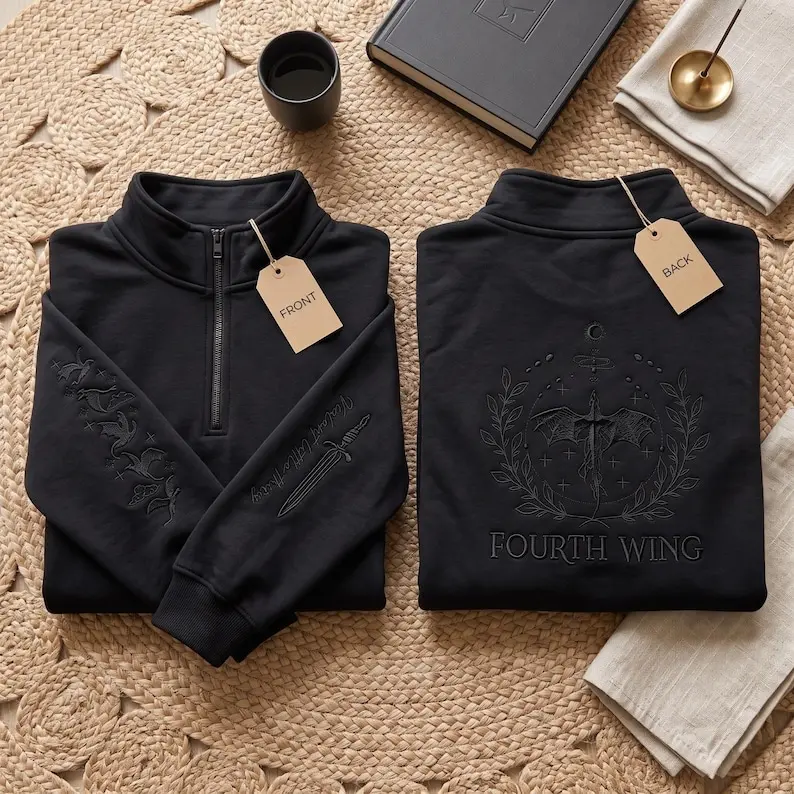 Basgiath War College Quarter Zip Sweatshirt, Fourth Wing Inspired Embroidery Sweater, Dragon Rider Reader Gift Hoodie, Cozy Fantasy Apparel