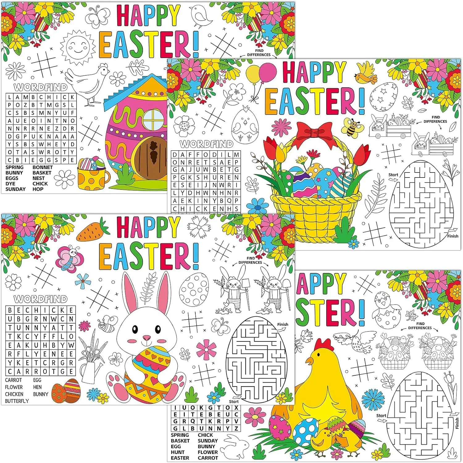 32 Pcs Easter Placemats Coloring Paper Table Mats Bunny Egg Chick Disposable Place for Decor Activity Party Supplies
