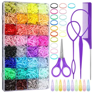32 Colored Elastic Ties, 1700 count Rubber Bands With 14 Styling Tools, Hair Tie  and Accessories for Girls, , ,