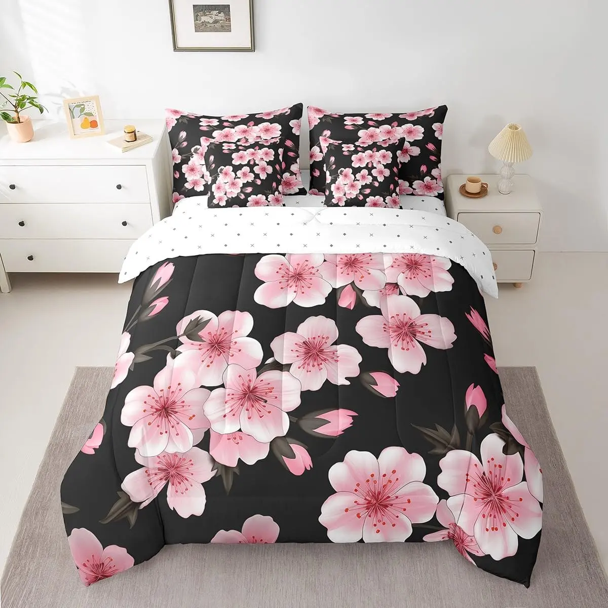 Cherry Blossom Bed in a Bag Japanese Floral 7 Piece Bedding Set for Kids Girls Teens Toddler Pink Flower Comforter Set with Sheets Romantic Bed Set