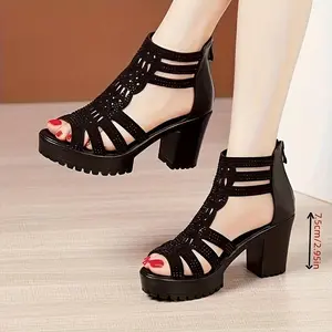 Women'sElegantHighHeels,BlackComfortableSandals,Women'sOpen-ToeFashionRomanShoes,SuitableForCasualAndFormalOccasionsFootwearGirl