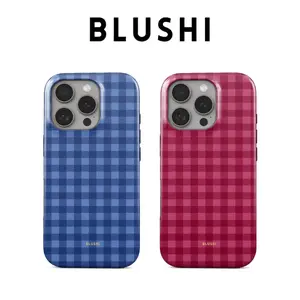 Blushi iPhone Case | BLUE & PINK GINGHAM | Checkered Aesthetic Cover for iPhone 17/16/15/14/13/12/11 All Series | MagSafe Compatible & Wireless Charging Ready | Durable & Stylish | Gift for Teen Girls, Her And Lover