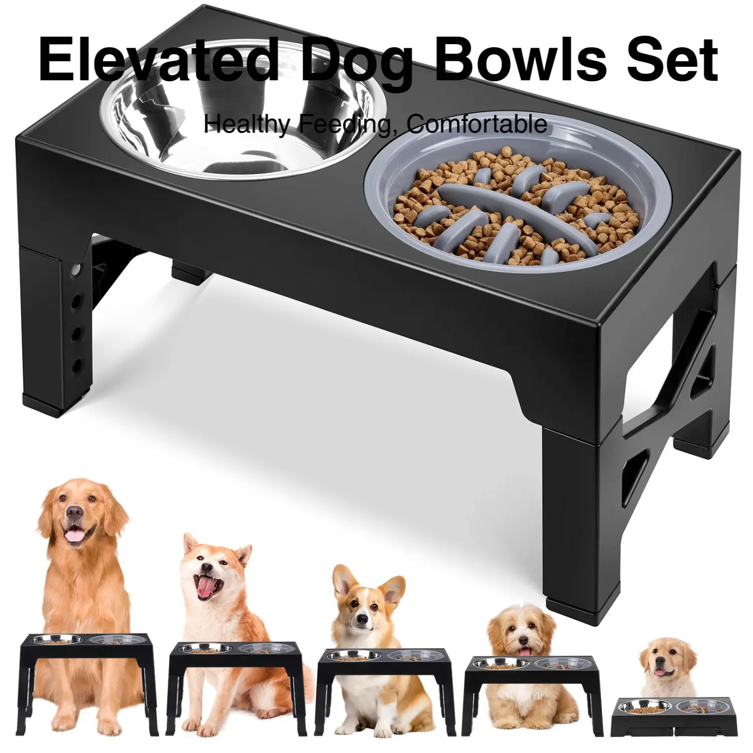 PAWGIANT Elevated Dog Bowls, 5 Adjustable Heights Raised Dog Bowl Stand, Dog Feeder With Stainless Steel Bowl & Slow Feeder Dog Bowl, Adjusts To Height 3.2" To 12.2" For Small Medium Large Dogs Feeding, dealsforyou, summerwins, restock, dealsforyoudays