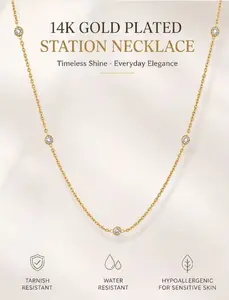 14K Gold Plated Dainty Station Necklace for Women, Minimalist Cubic Zirconia Chain Necklace, Layering Jewelry Gift for Her
