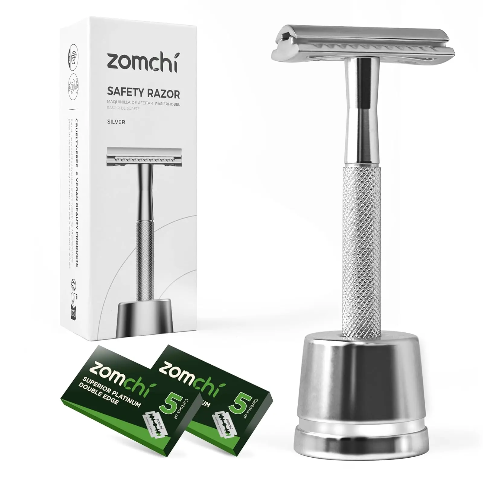 ZOMCHI DE Safety Razor with 10 Safety Razor Blades, Reusable Metal Razor for Men & Women with Razor Stand, Plastic Free Razors - Silver