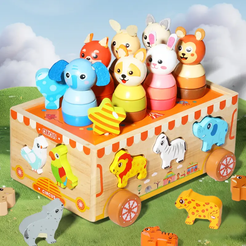 Wooden Circus Animal Sorting & Stacking Cart, Toddler Circus Animal Push Cart: Sort, Match & Stack, Mother's Day Colorful Shape Sorter