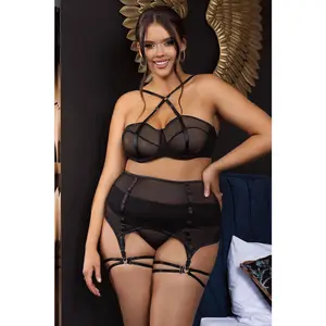 Plus Size Mesh Cage Bra and garter belt Set