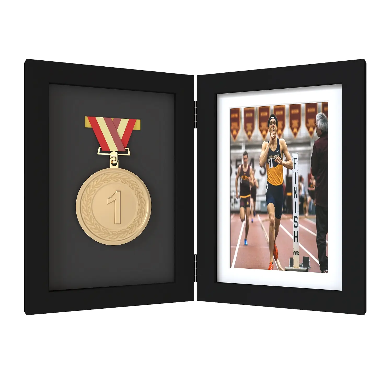 4x6 Inch Award Medal Hinge Frame, Modern Frames, Sturdy Wood Frame, Picture Frame, Left Collection Medals Right Record Winning Memorial Photos, Perfect Gift Box for Collecting Awards