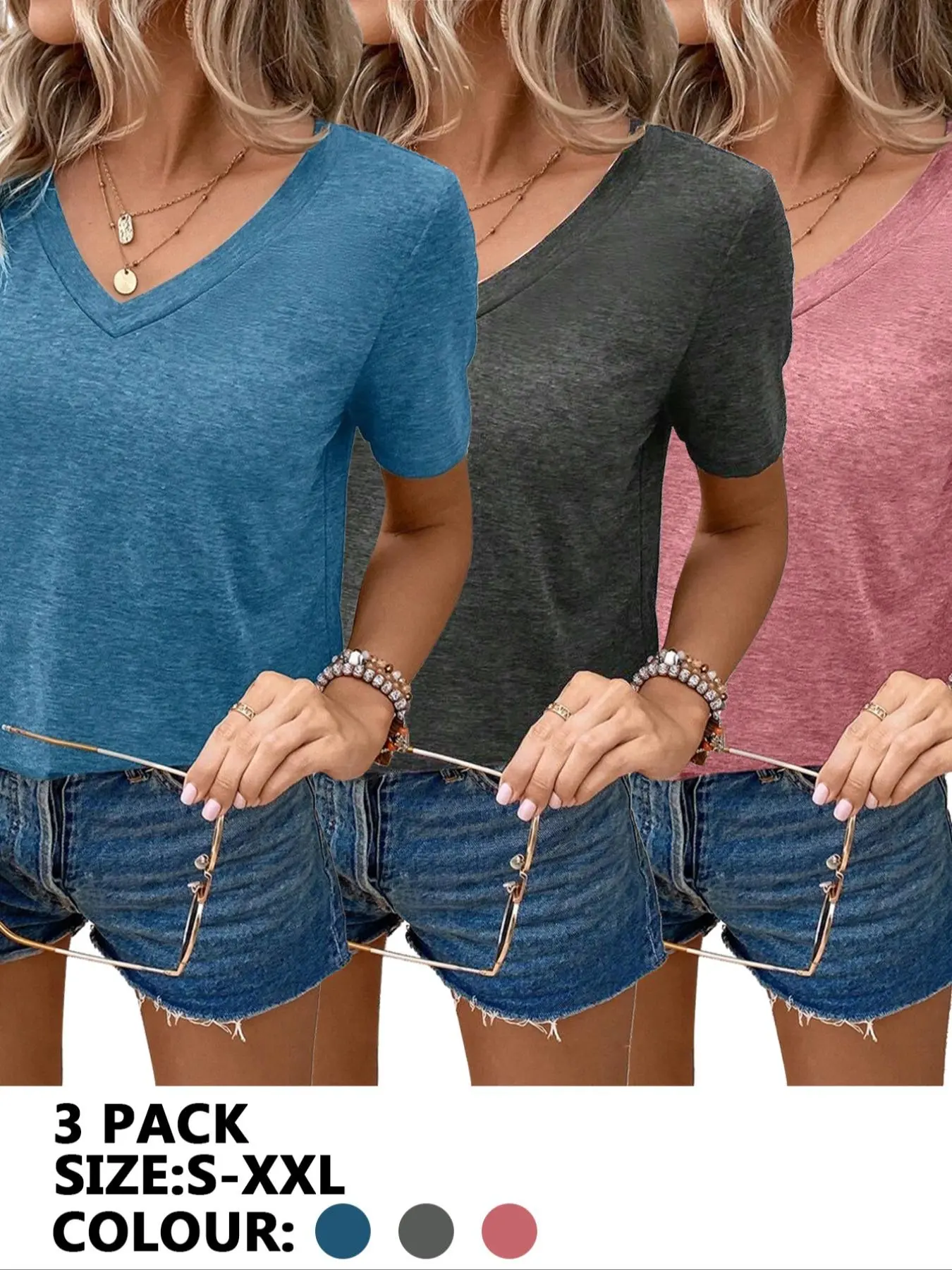 Women's V-Neck Short Sleeve T-Shirt Summer Set of Three, Basic Casual Fitted Plain Design, All Seasons Wear, Comfortable and Stylish, Casual Comfy Top