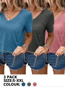 Women's Solid V Neck Sports Fitted Basic Tee, Casual Short Sleeve T-shirt for Daily Wear, Ladies Sportswear for All Seasons, Minimalist Top, Streetwear, Womenswear