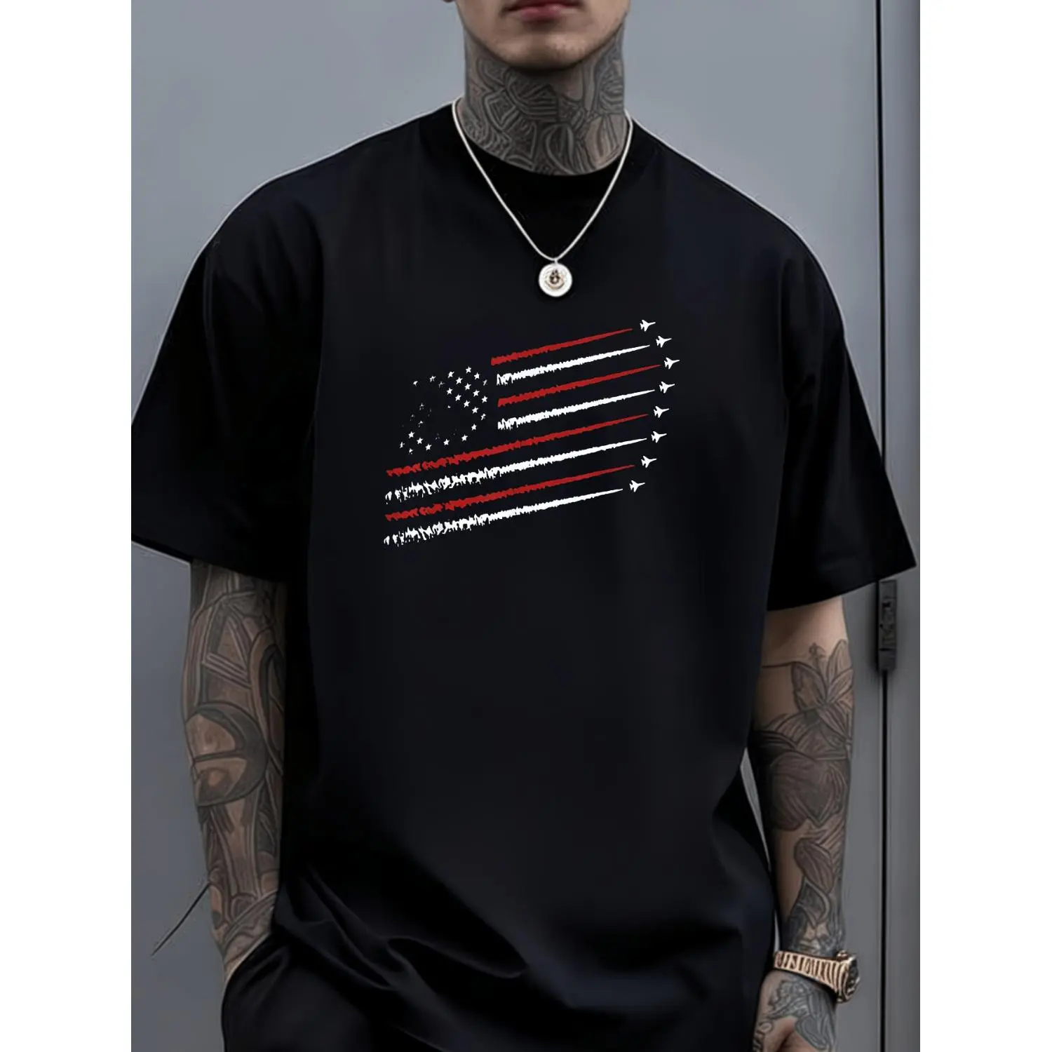 Women's Retro USA Flag Fighter Jets Cotton T-Shirt, 4th of July Aviation Short-Sleeve Round-Neck Top, Soft Breathable Fabric, Casual Vintage Style, Machine Washable, Unisex Fit