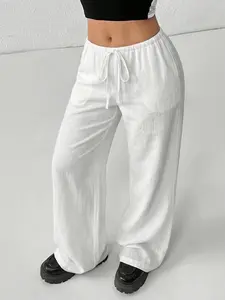 Women's Minimalist High Waisted White Linen Look Lightweight Wide Leg Pants Casual Loose Adjustable Drawstring Trousers Summer Lounge Outfits