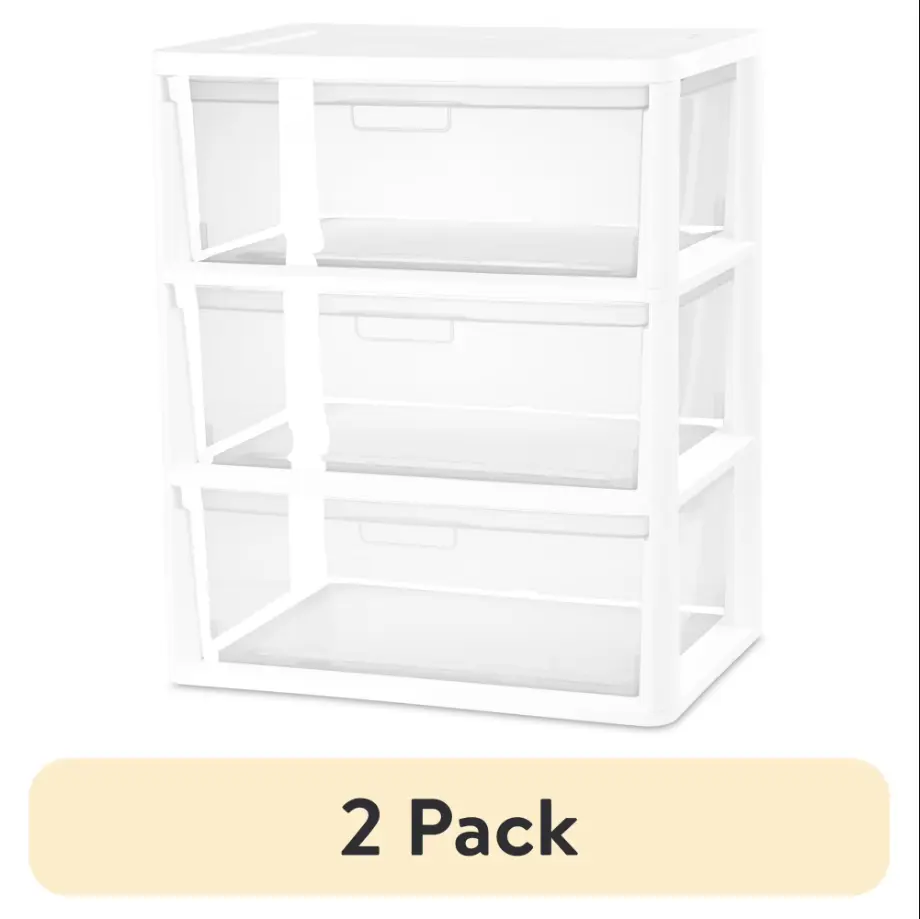 (2 pack) Sterilite Wide 3 Drawer Tower, Plastic Storage Organizer with Removable Clear Bins, Easy Assembly, No Tools Needed, White