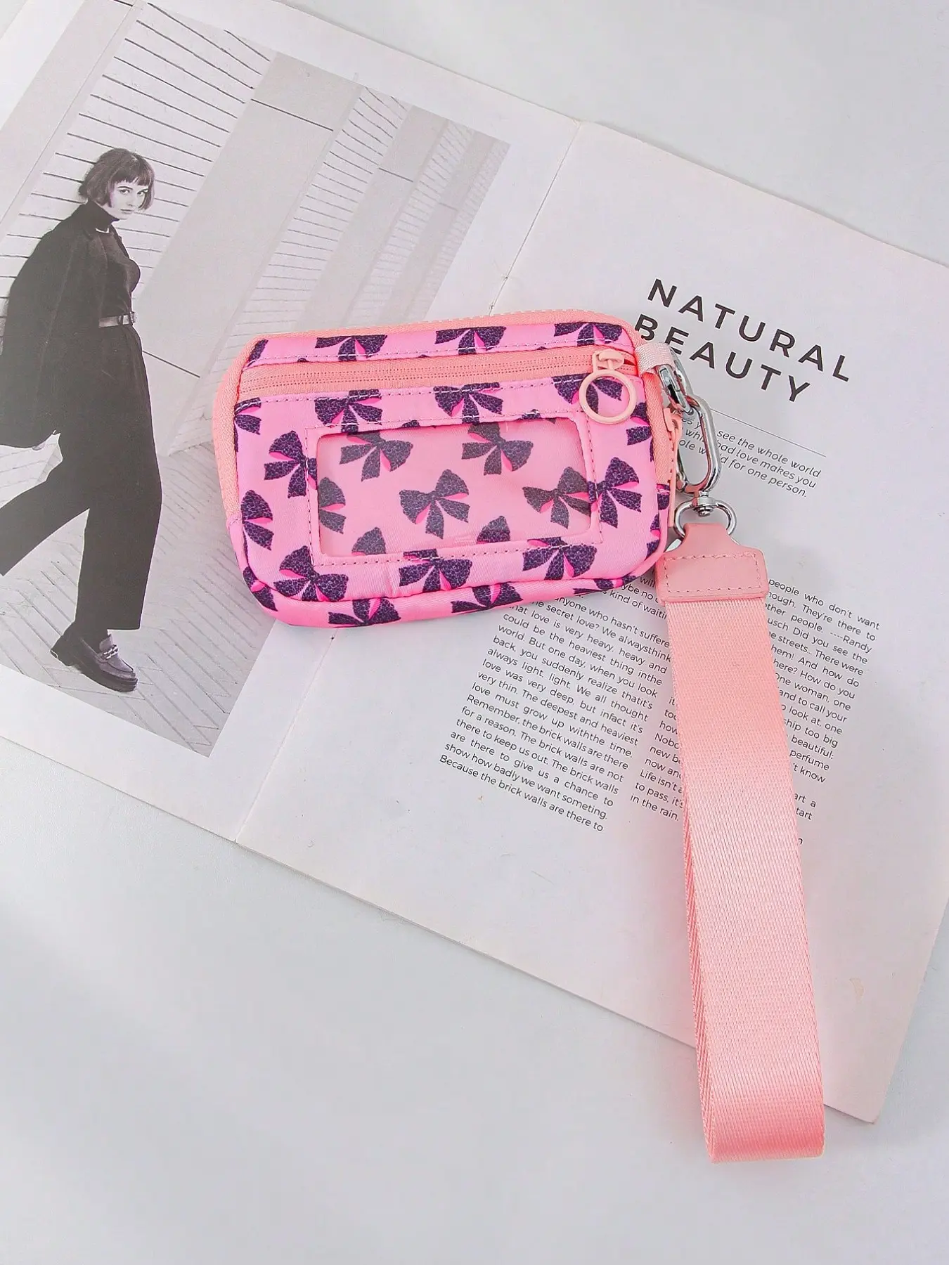Cute Bow Pattern Wrist Wallet, Fashionable Handbag Purse, Women's Card Bag with Dual Zipper, Large Capacity Cash Coin Pouch, Detachable Keychain Holder, Wallet Wristlet