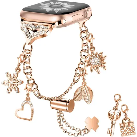 Women's Lightweight Bling Metal Interchangeable Charms Watch Band - 4+2 Charm Mix, Compatible with 38mm/40mm/41mm Smart Watches (Series SE/9/8/7/6/5/4/3/2/1), Formal Party Accessory, Christmas/Birthday/Mother's Day Gift Option for Women R2004