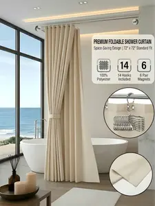 Foldable Shower Curtain 72 x 72, Premium Fabric Shower Curtain with Strong Side-Sealing Magnets, Gap-Free Waterproof Polyester Curtain for Bathroom, Includes 14 Hooks & Magnetic Tiebacks, Cream