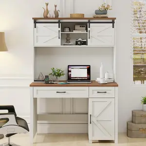 Vabches Farmhouse 67''H Executive Desk with Hutch & 5 Drawers, Rustic Office Desk Computer Desk with Charging Station, File Drawers and Storage Cabinets, Wood Workspace for Home Office & Study