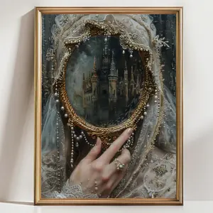 Lace & Pearls Victorian Wall Art – Vintage Woman Mirror Print, Dark Moody Antique Poster, Elegant Classic Decor, Unframed