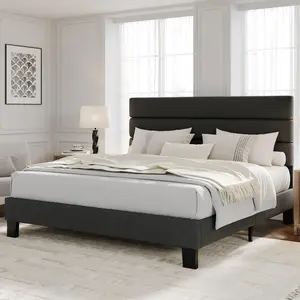 GARVEE King Bed Frame with Adjustable Headboard, Linen Fabric Upholstered and Wooden Slats Support, Heavy Duty Mattress Foundation, No Box Spring Needed, Easy Assembly, Dark Grey