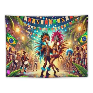 Brazilian Carnival Dancers Feather Costume Tapestry Blue Pink Feathers Flags Brazilian Flags Lively Party Home Decor