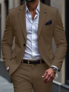 Manfinity Mode Men's Brown Polyester Suit Set Lapel Neckline Long Sleeve Regular Length Formal Business Attire With Pockets Men Brown Suit Brown Suit Men Suit Brown Tan Suit Men Beige Suit For Men