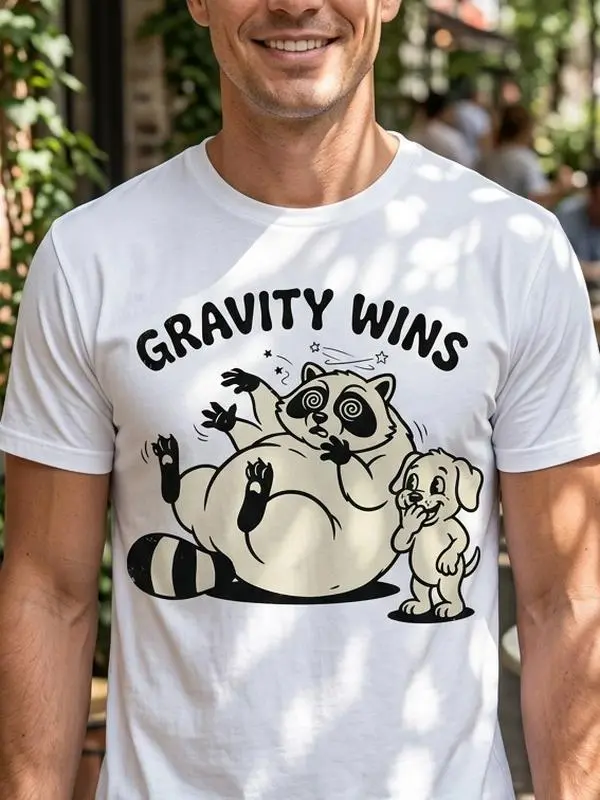 Men’s Casual Round Neck Short-Sleeve Cotton T-Shirt, Gravity Wins Chubby Raccoon & Laughing Dog Cartoon Graphic Menswear Clothes, Shortsleeve