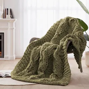 Chunky Knit Blanket Throw -  Hand Knitted Chunky Throw Blanket for Couch, Thick and Warm Blanket for Winter, Olive Green, 50x60 Inches