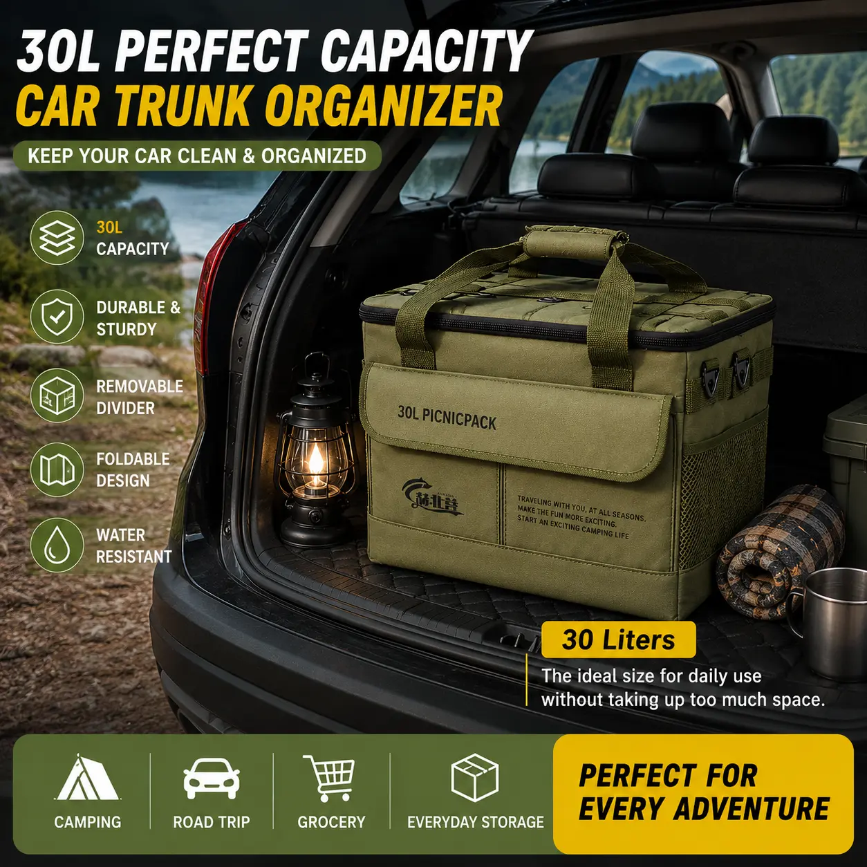 Car Trunk Organizer Storage Bag - 30L/57L Foldable Heavy-Duty Oxford Fabric Cargo Box for SUV, Truck, Cam Car Trunk Organizer SUV Trunk Organizer Cargo Storage Organizer Road Trip Essentials Camping Storage Bag Truck Bed Organizerping Essentials