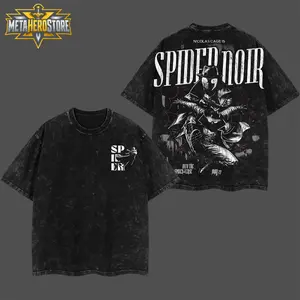 [MetaHero] Spider-Noir Friendly Neighborhood Hero Dark Mutation Shadow Wallcrawler MCU Comic Double-Printed Oversize Lightweight Acid-Washed Casual Loose-Fitting Classic Cotton Fabric Apparel, Unisex Menswear Graphic T-Shirt
