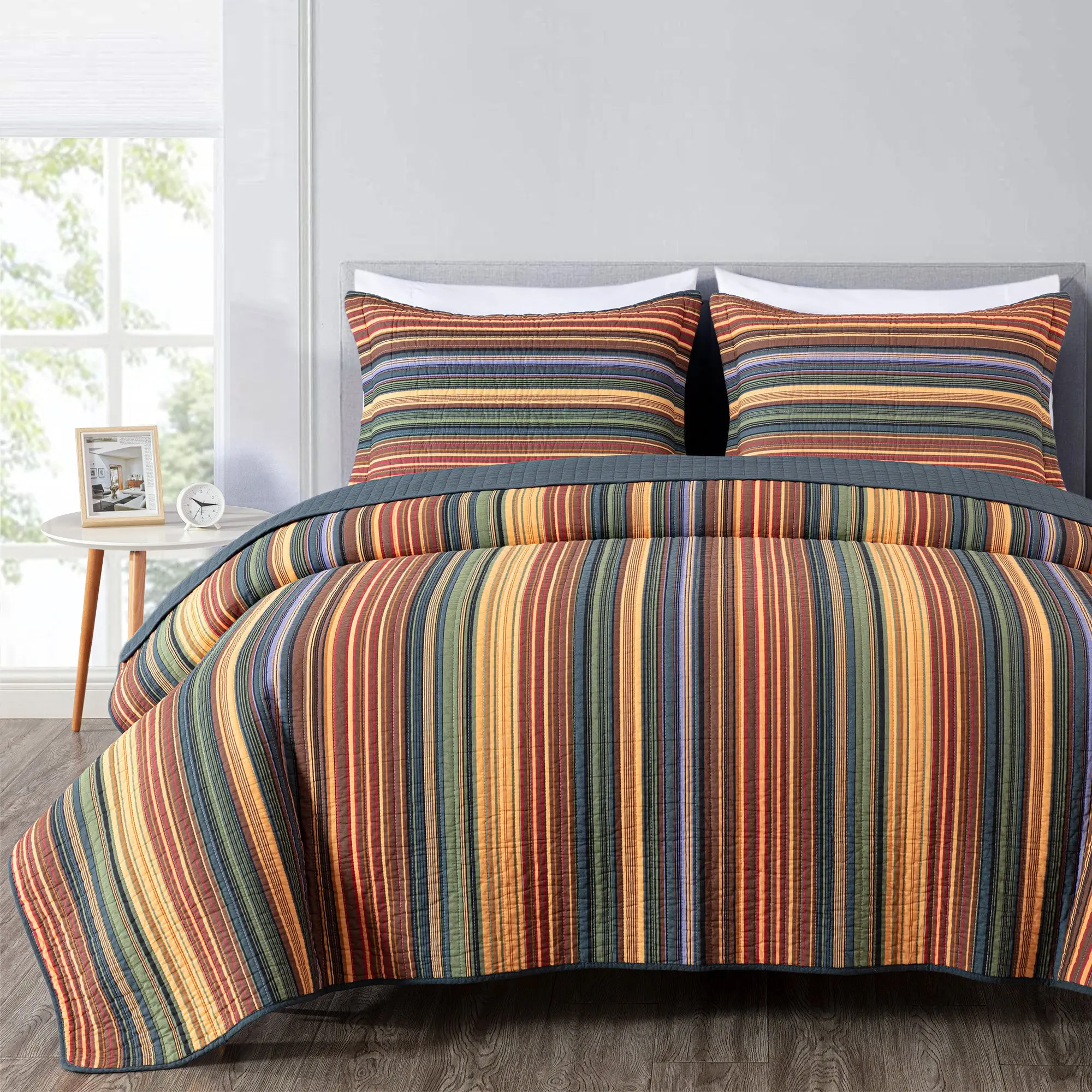Avery Multi-Color Striped Cotton Quilt Set Avery Multi-Color Striped Cotton Quilt Set