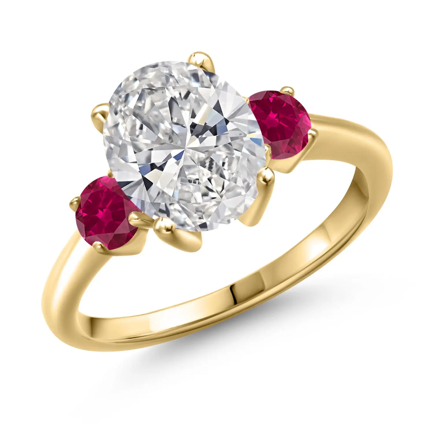 Gem Stone King 2.50 cttw IGI Certified Lab Grown Diamond and Red Created Ruby 3-Stone Engagement Ring For Women | 18K Yellow Gold Plated Silver | Center 2.00 Ct Diamond | D-E Color | VS1-VS2 Clarity, Wedding Engagement Ring, Sparkling Rings