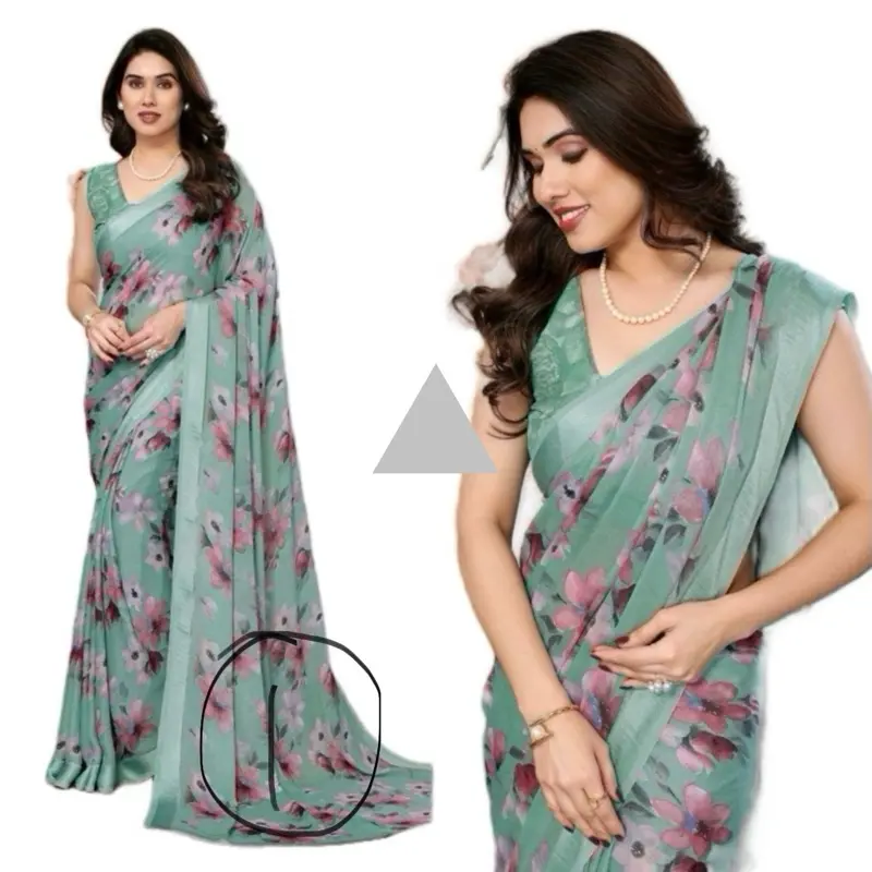 Beautiful printed fals & piko done Saree (5.5 meter length)  in bright moss satin patta comes  with blouse piece.