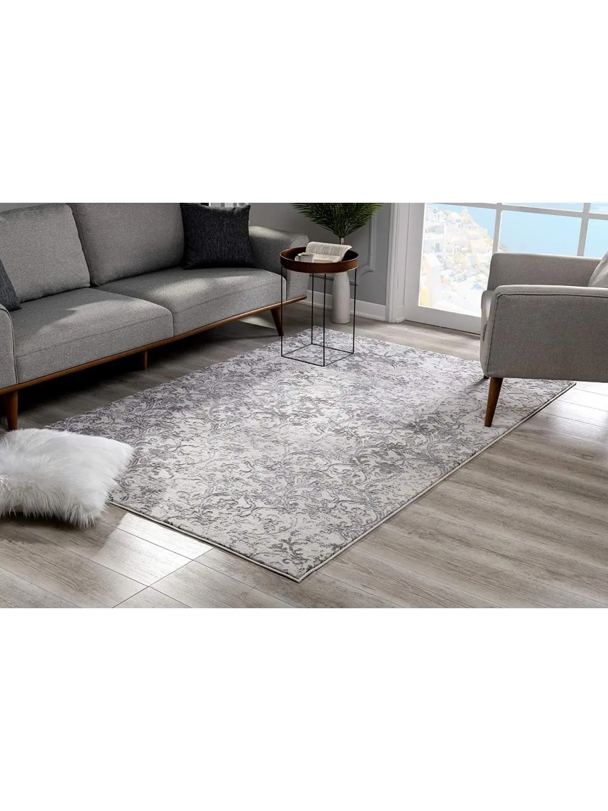 HomeRoots 7x10 ft. Cream & Gray Faded Filigree Distressed Washable Medium Pile Area Rug, Elegant Scandinavian Style Living Room Decor for Dining Room, Distressed Area Rug, Elegant Rug