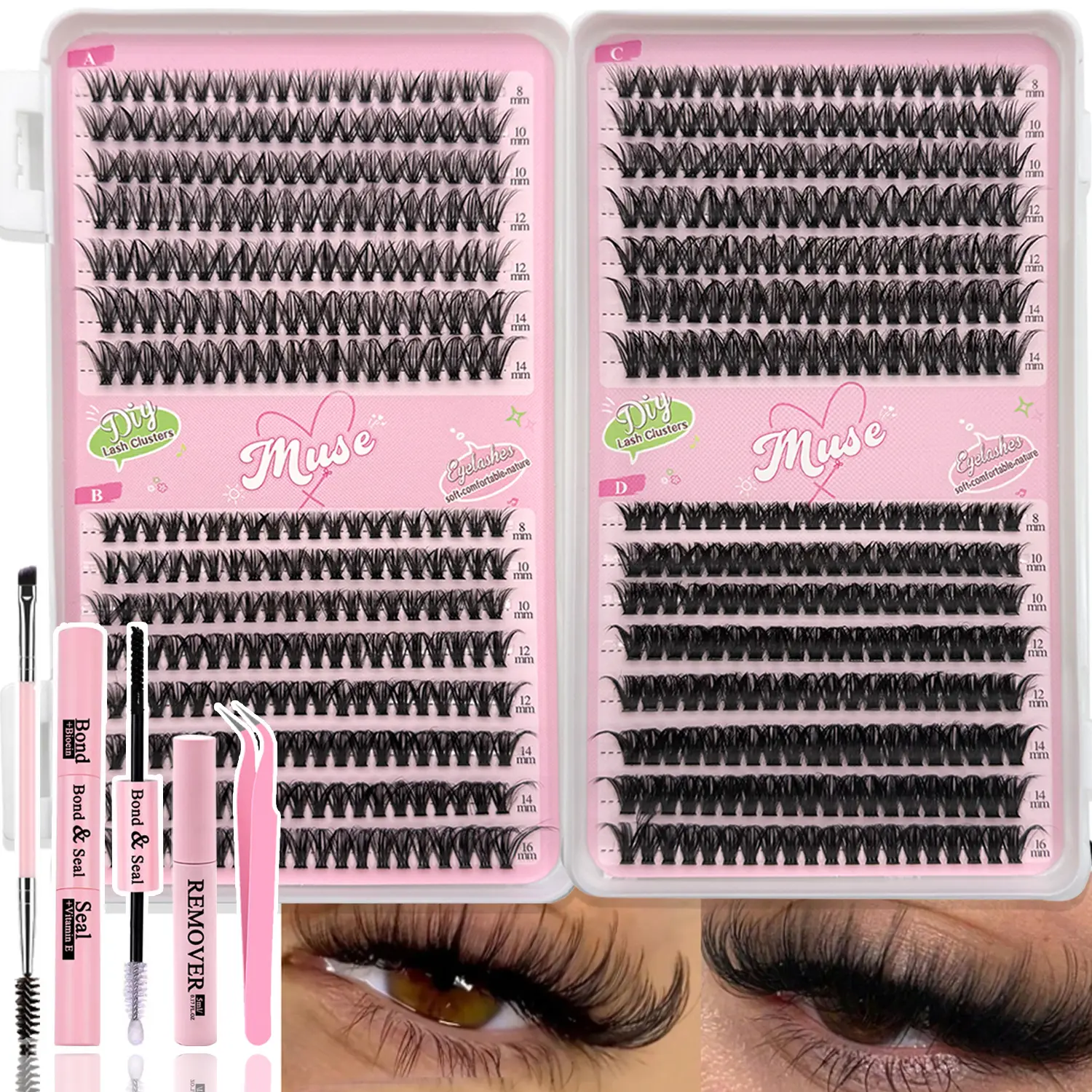 600pcs DIY Eyelash Extensions Lash Kit, Includes Cluster lashes, Bond and Seal,Glue Remover, Tweezers And Brush, Professional & Beginner Friendly,All-In-One Lash Set,40D/50D/60D/80D Natural C Curl 8-14mm Length Mixed,Easily Apply Like A Pro At Home
