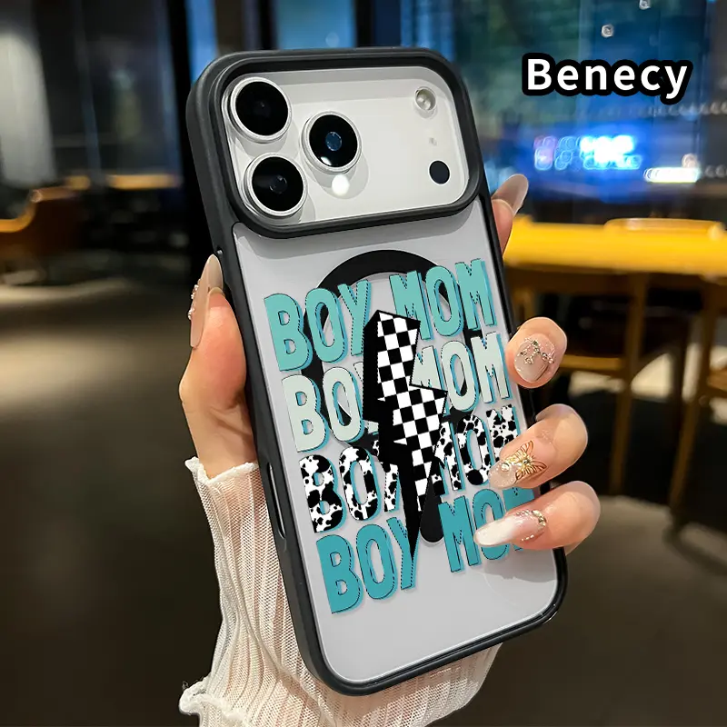 Magnetic Smartphone Casing for iPhone 17 Pro Max,16 Plus,15,14,13,12,11,Air - E-Boy Mom Vibe Pattern, Non-Yellowing, Shockproof, Soft Silicone Transparent Acrylic Cover for Handheld Cellphone Devices, Supports Wireless Charging