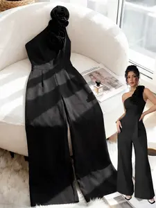 Womens Formal One Shoulder Jumpsuit, Burgundy with 3D Rose Detail, High Waist Wide Leg Pantsuit for Evening, Party, Wedding Guest
