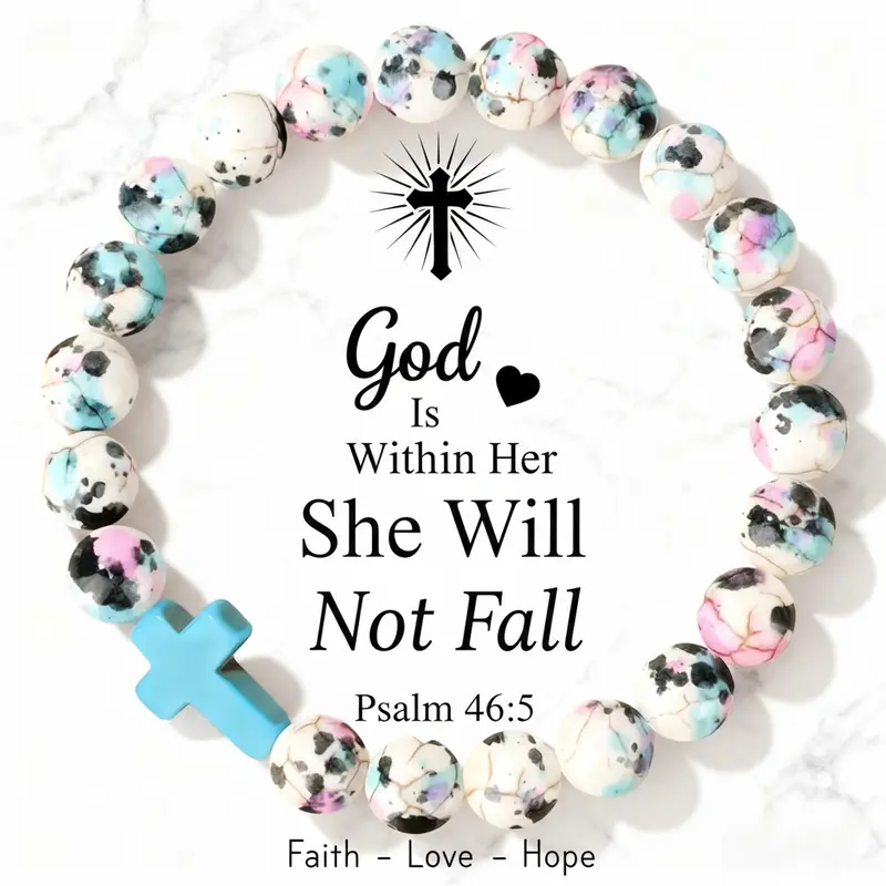 Boho Non-Natural Stone Beaded Bracelet with Cross Charm - Handmade, Varied Texture, Elastic Rope, 7.87inch Stretch Adjustable Unisex Unique Jewelry, Christmas Thanksgiving Gift for Women
