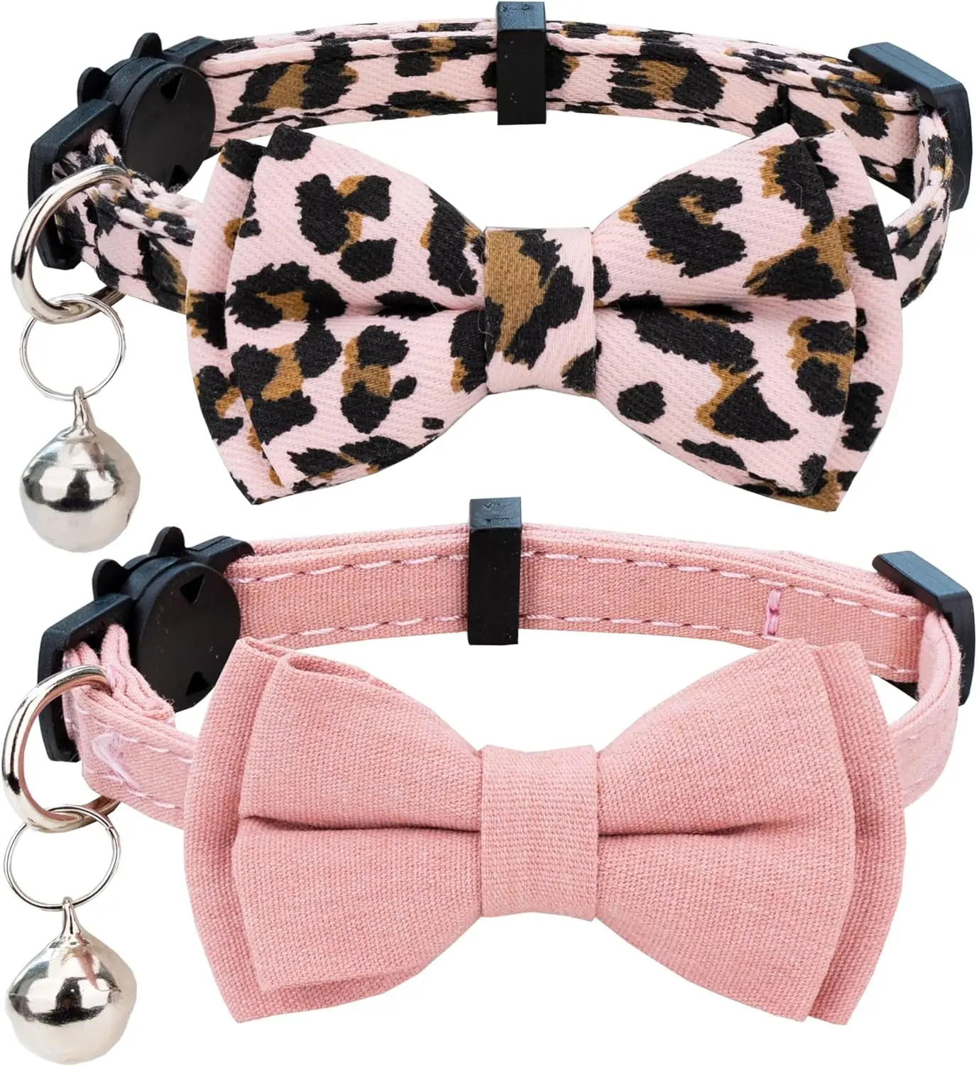 2Pcs Heavy Duty Breakaway Cat Collars with Detachable Bell & Bowtie, Adjustable Safety Collars for Kittens (Pink Leopard & Pure Colors), Heavy Duty Collars